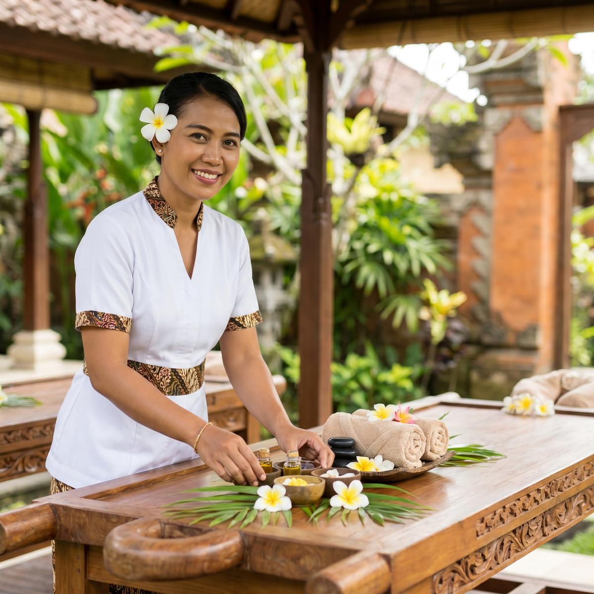 Professional Balinese massage therapist performing mobile spa treatment at luxury villa in Canggu Bali