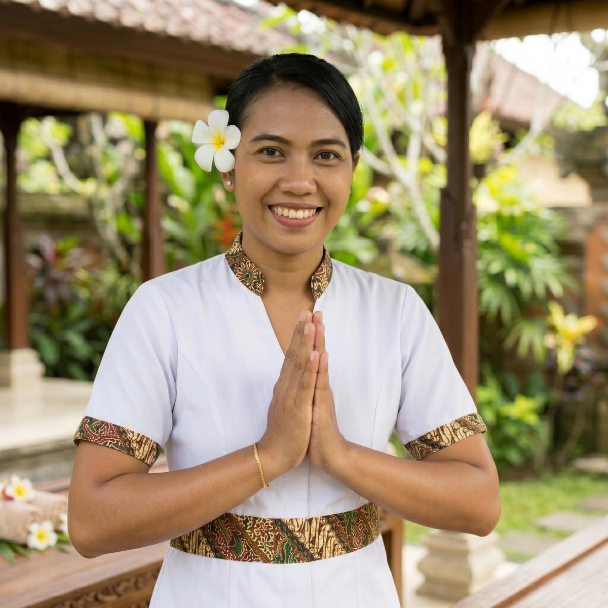 Mobile spa therapist setting up massage table at Bali villa